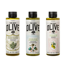 KORRES Pure Greek Olive shower gel trio, three bottles with black caps and olive labels
