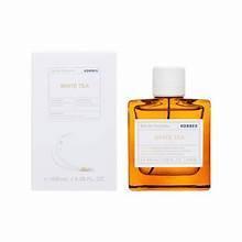 White tea eau de toilette bottle with matching box, amber glass and white cap