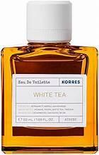 Amber eau de toilette bottle close-up with white ridged cap and White Tea label
