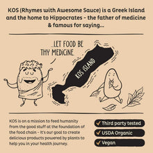 Brand story illustration for KOS organic plant protein powder with island map and icons
