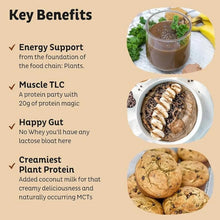 Key benefits graphic for KOS organic plant protein powder with plant-based bowl servings