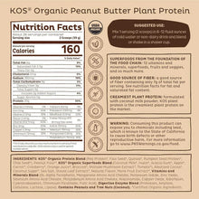 Nutrition facts panel for KOS organic plant protein powder, chocolate peanut butter
