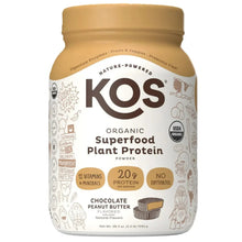 KOS organic plant protein powder bottle, chocolate peanut butter flavor, 2.4 lb