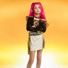 Kids' demon hunter costume with pink wig, black sequin jacket, and white gold-trim skirt