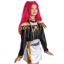 Children's demon hunter costume with pink wig, black sequin jacket, and white gold-trim skirt