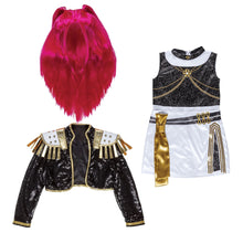 Demon hunter costume set: pink wig, black sequin jacket, and white gold-trim dress top
