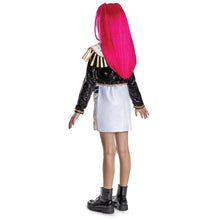 Children's costume with long pink wig, black sequin jacket, and white gold-trim skirt (back view)