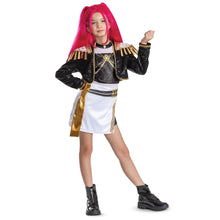 Children's demon hunter costume with pink wig, black sequin jacket, and white gold-trim skirt