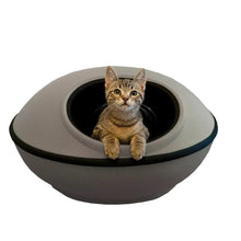 Gray round pod pet bed with dark oval opening, cat resting inside