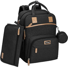 Black baby diaper backpack with tan patches, front zipper pocket, and side bottle holder