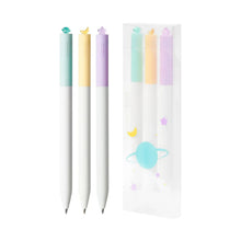 Gel pen set of three with mint, yellow, and purple bodies and star caps