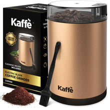 Electric coffee grinder in copper with clear top lid and black base