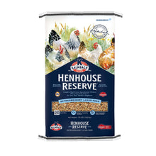 Layer feed bag with rooster and hens, Kalmbach Henhouse Reserve branding