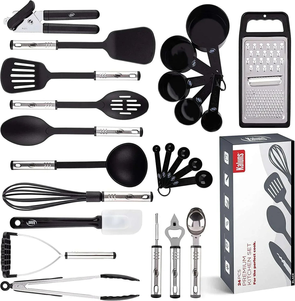 Kaluns 35 Pcs Cooking Utensils Set, Nonstick Heat Resistant Nylon & Stainless Steel Cooking Sets – Complete Kitchen Essentials & Kitchenware, Black