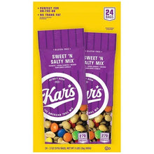Kar's Sweet 'N Salty trail mix 2-pouch pack, purple bags in a yellow box