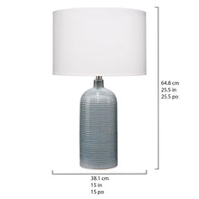 Table lamp with white shade and blue ribbed glass base; dimensions shown