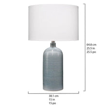 Table lamp with white drum shade and blue ridged base, size diagram shown