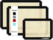 Silicone baking mat set of 3 with color options shown on a gray background.