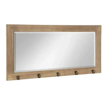 Rustic wall mirror with light wood frame and five metal hooks along bottom
