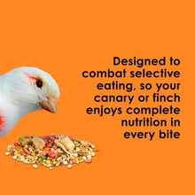 White canary beside seed mix on a nutrition message card
