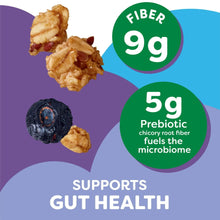 Granola pouch badge graphics: 9g fiber and 5g prebiotic for gut health