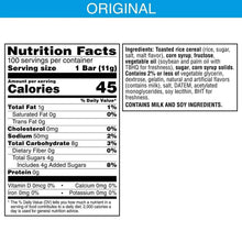 Nutrition facts panel with calories, ingredients, and serving information for mini square cereal snacks