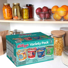 Kellogg's Variety Pack cereal box on counter with glass jar nearby