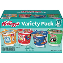 Kellogg's Variety Pack cereal cups box, top view with 12-count label