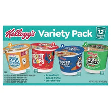 Kellogg's Variety Pack cereal cups box back, teal panel with cup labels and icons