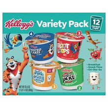 Kellogg's Variety Pack cereal cups box front, 12-cup pack with character graphics