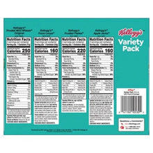 Kellogg's Variety Pack cereal cups box back, nutrition facts panels for multiple flavors