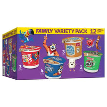 Kellogg's Family Variety Pack cereal cups box, front view with four cup varieties
