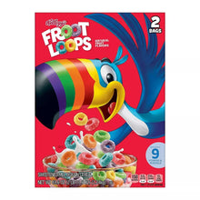 Kellogg's Froot Loops cereal box front with 2 bags label and cereal bowl artwork