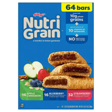 Kellogg's Nutri-Grain breakfast bars box, blue with stacked bars and fruit flavors
