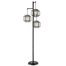 Dual square 3-light floor lamp with three stacked cage shades and black stand