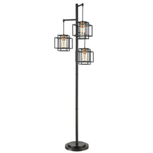 Standing black floor lamp with three square cage light fixtures and Edison bulbs