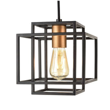 Square metal cage lamp shade with exposed bulb and bronze-toned interior