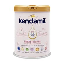 Kendamil infant formula powder canister with gold lid, front label for 0–12 months