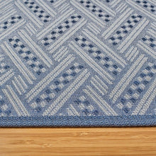Blue and white chevron-pattern runner rug close-up with textured surface