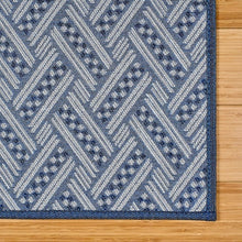 Blue runner rug with repeating chevron pattern and woven texture