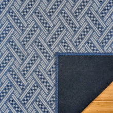 Blue chevron runner rug showing a corner with dark backing