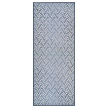 Rectangular blue chevron runner rug with bordered edges on white background