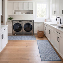 Blue chevron runner rug with border trim, 2 ft x 5 ft