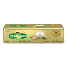 Kerrygold garlic & herb butter stick, 3.5 oz package with garlic and herb graphic