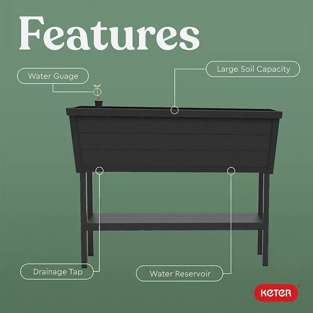 Keter Alfresco Garden Bed Planter 44" x 18" x 33" Durable Wood-Look with Self-Watering and Drainage System, Black