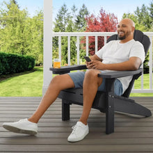 Graphite gray Adirondack chair with cupholder and slatted backrest, on porch