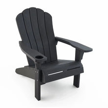 Dark gray Adirondack chair with slatted back, wide armrest, and cupholder opening