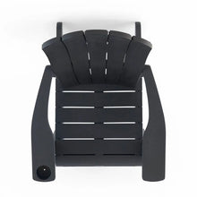 Dark gray Adirondack chair back view with slatted back panel and horizontal supports