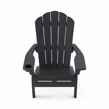 Dark gray Adirondack chair front view with slatted back and armrests with cupholder opening