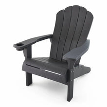 Dark gray Adirondack chair with slatted seat and back; integrated cupholder on the arm